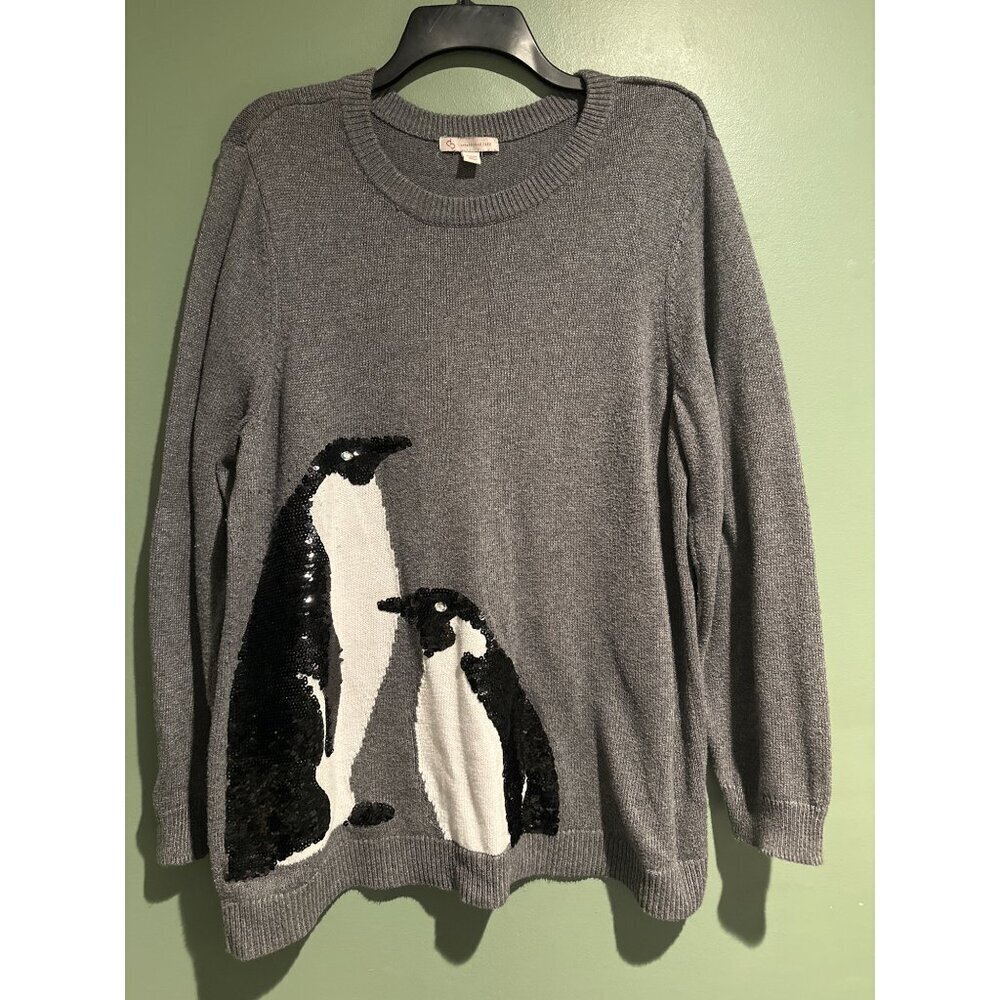 Women’s 2XL Gray Penguin Sweater Oversized Cozy Soft Knit Winter Christmas Cute